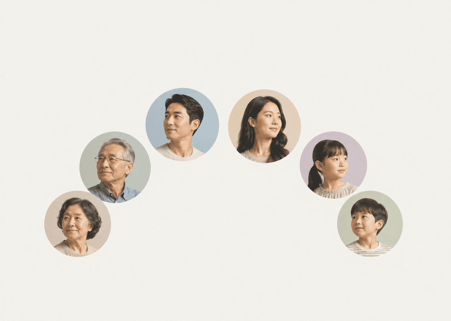 원형 프레임 안에 등장한 3대 가족 구성원의 얼굴